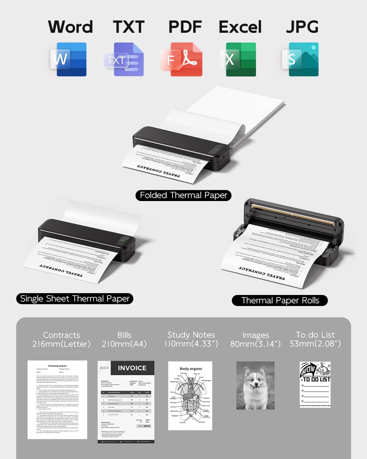 Portable Printers Wireless for Travel, Bluetooth Inkless Thermal Printer, Support 8.5" X 11" US Letter & A4 Size, Small Mobile Printer with Carry Case, Compatible with Phone Laptop for Office Car Home