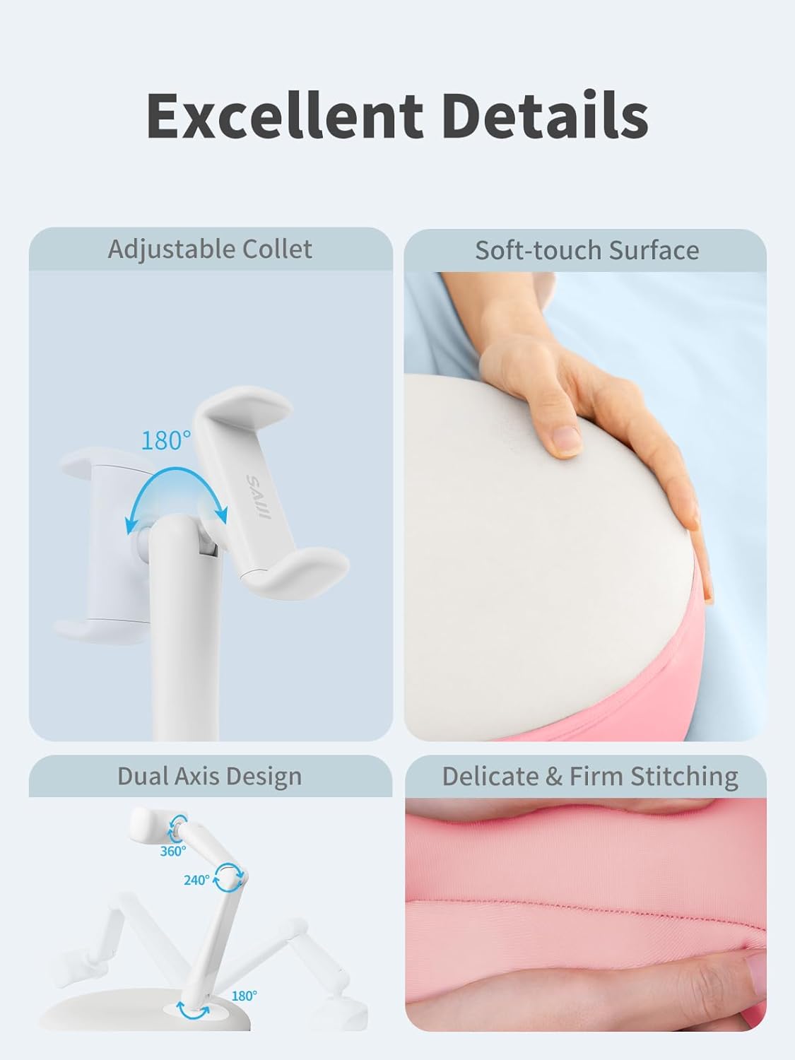 SAIJI Cell Phone Pillow Holder mini iPhone Stand for Bed, Upgraded mini Angle & Height Adjustable Phone Pillow Stand for Watching Video On Bed/Sofa/Lap, Fit for 4.7"-7.0" Device (Pink)