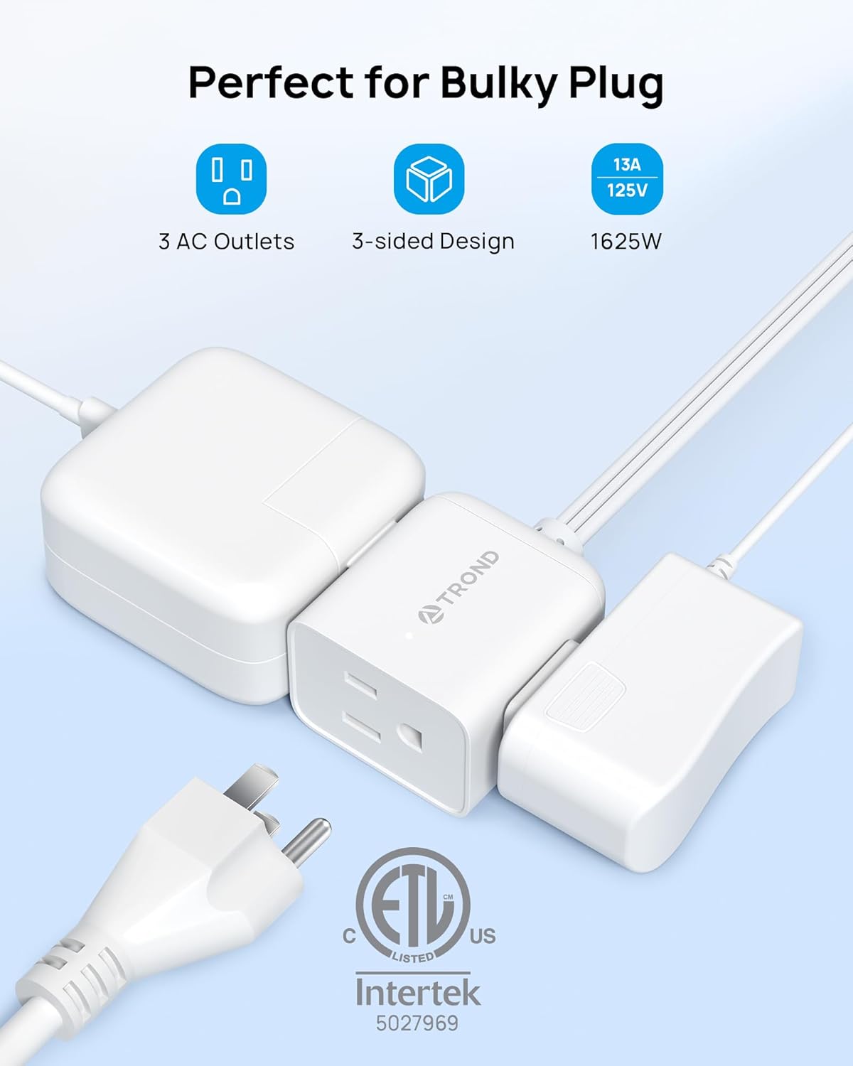 TROND Short Extension Cord 3ft with 360° Rotating Flat Plug, Low Profile Small Power Strip, Three Prong Grounded Outlets Cube, 13A, 16 AWG Cable for Indoor Home Office Cruise Travel Essentials, White