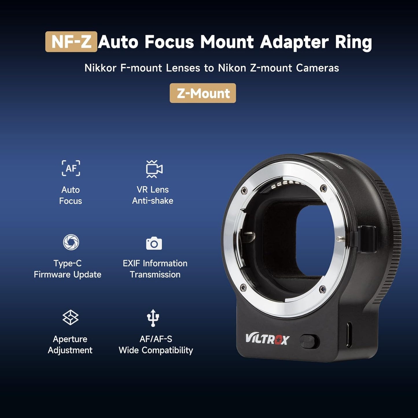 VILTROX NF-Z FTZ Lens Adapter Auto Focus Ring Mount Adapter Lens Converter Compatible for Nikon F Lens to Nikon Z Mount Camera Z5 Z50 Z6 Z6II Z7II Zfc, EXIF Transmission VR Lens Stabilization Support
