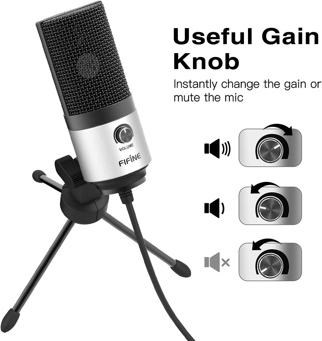 FIFINE USB Microphone for Zoom Video Meeting Online Class on PC Computer, Metal Condenser Desktop Mic with Gain Control for Windows and Mac, Silver - K669S