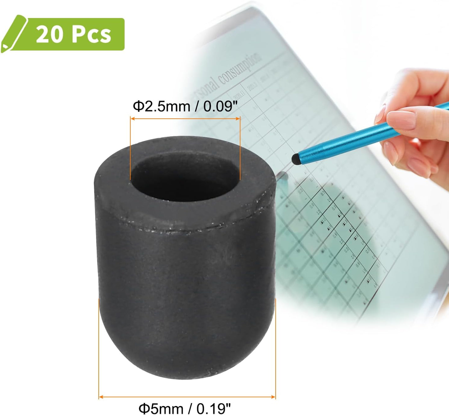 MECCANIXITY 20Pcs Replacement Stylus Pen Tips 5mm Conductive Capacitive Touch Screen Pens Tips Silicone Rubber, Black