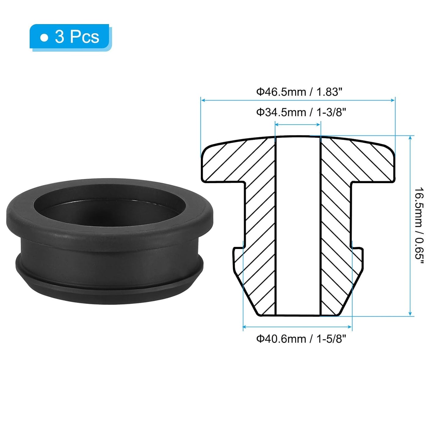 PATIKIL 40.6mm / 1-5/8 Inch Drill Hole,1-3/8 Inch ID Rubber Grommets, 3Pcs Top Hat Grommet for Wiring Eyelet Ring Gasket Automotive Firewall Cable Hole Plugs Wires Protection, Black