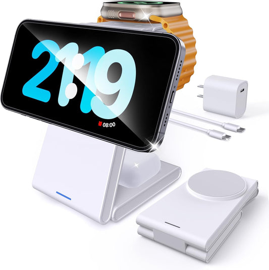 Foldable 3 in 1 Charging Station for Multiple Devices, Travel Wireless Charger for MagSafe Charger Stand, Magnetic Charging Stand for iPhone 16/15/14/13/12 for iWatch AirPods Pure White