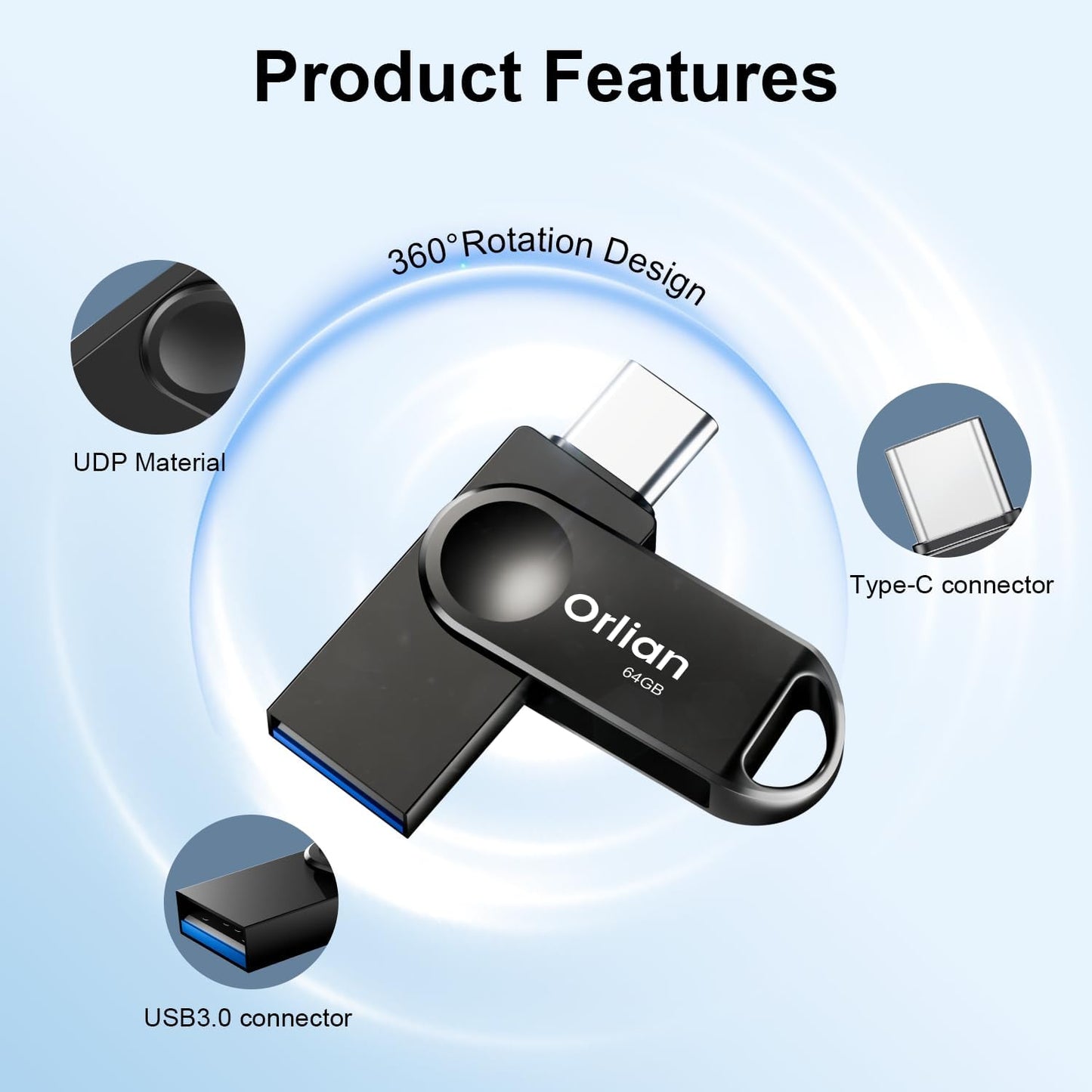 64GB USB C Flash Drive, Dual Drive USB 3.0 and Type C Thumb Drive Up to 110MB/s Read Metal Waterproof Swivel Design Portable for PC Laptop Tablet Android Smartphone iPhone 15 and More, Black