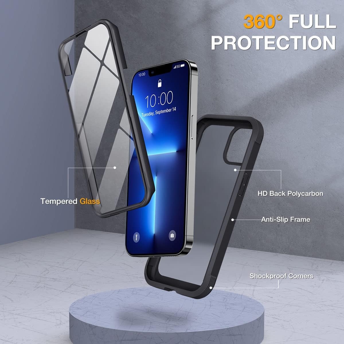 Miracase Glass Case for iPhone 13 Pro Max 6.7 inch, Upgrade Full-Body Clear Bumper Case with Built-in 9H Tempered Glass Screen Protector for iPhone 13 Pro Max, Matte Black