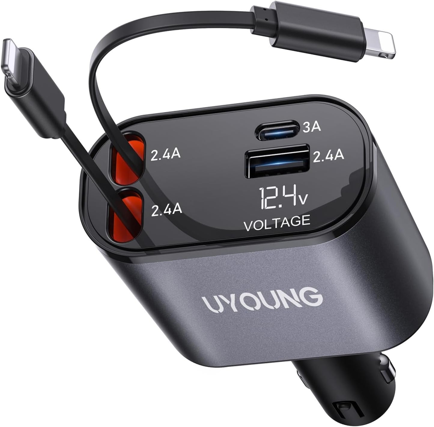 iPhone Car Charger 4 in 1 Fast USB Car Phone Charger 20W Double Lightning Retractable Cables 31.5 Inch and 2 USB Ports Car Charger Adapter for iPhone 14/13/12 Pro Max/XR/XS,Samsung,Pixel,iPad