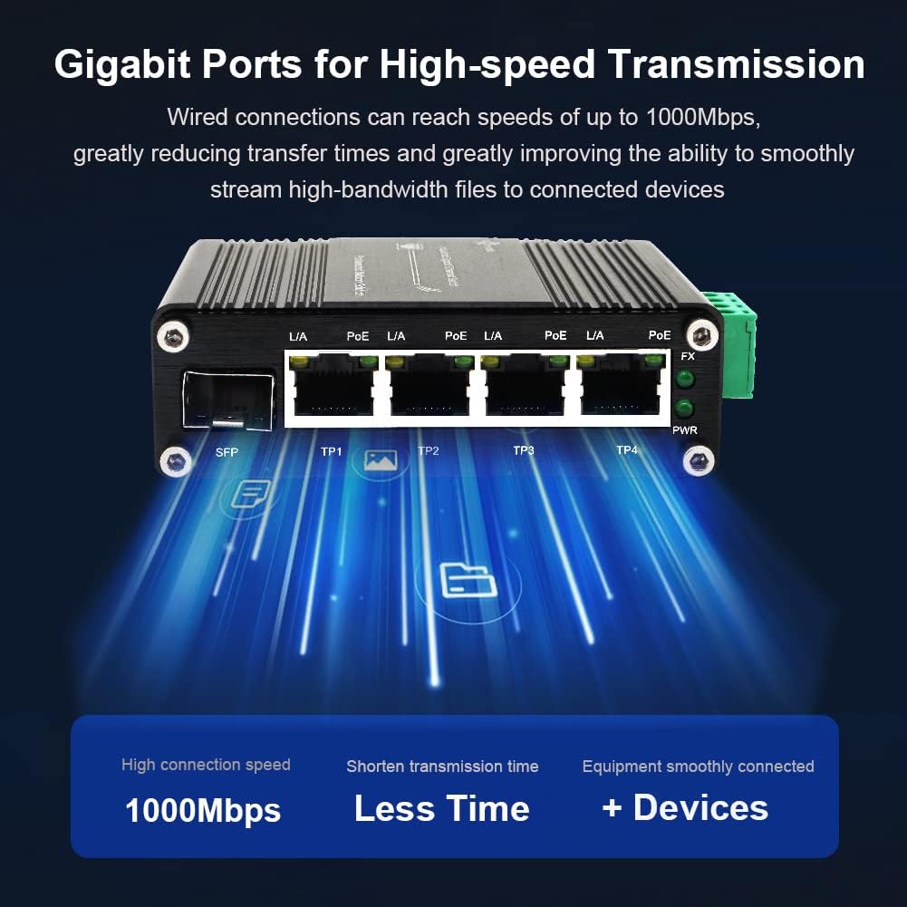 Mini Industrial 4 Port 10/100/1000Mbps Gigabit Ethernet POE + Switch with SFP Port Din Rail/Wall-Mount 4 Port 10/100/1000BASE-T RJ45 + 1 Port 100/1000FX (SFP) Support 12-48V DC