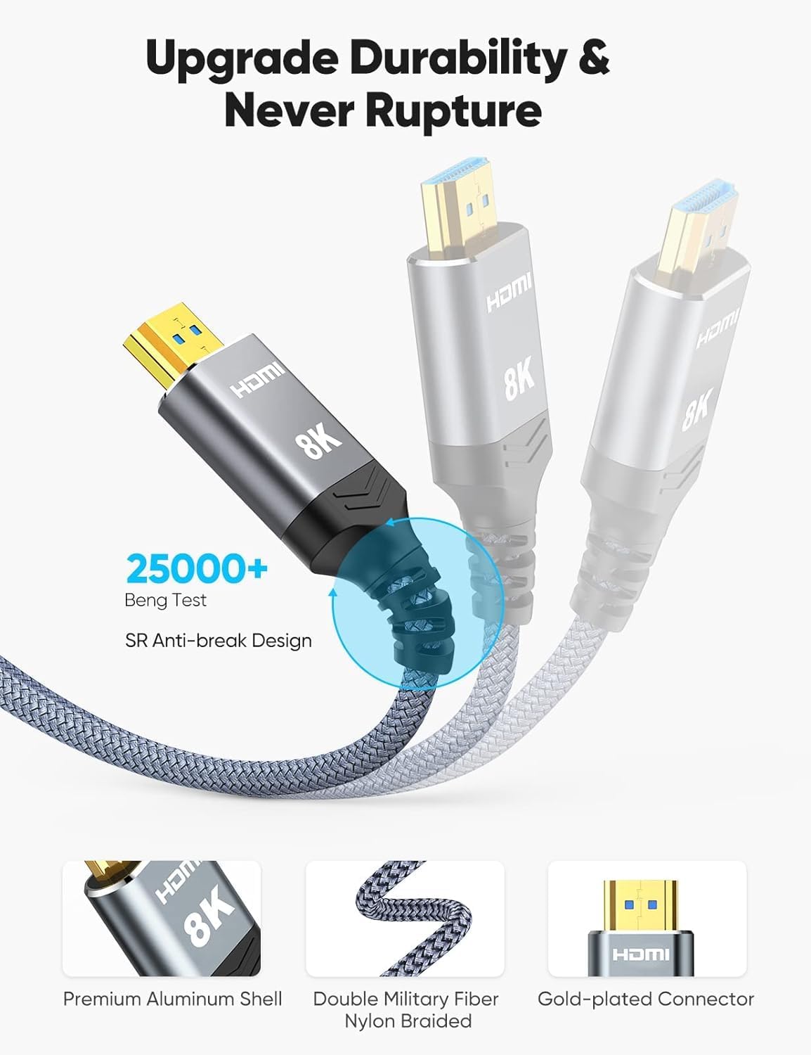 Highwings Long 8K Fiber Optic HDMI Cable 50 FT, 2.1 Unidirectional 48Gbps High-Speed Slim HDMI Braided Cord 8K60Hz 4K120Hz HDR/eARC HDCP 2.2/3D Compatible for PS5 and DVD Player