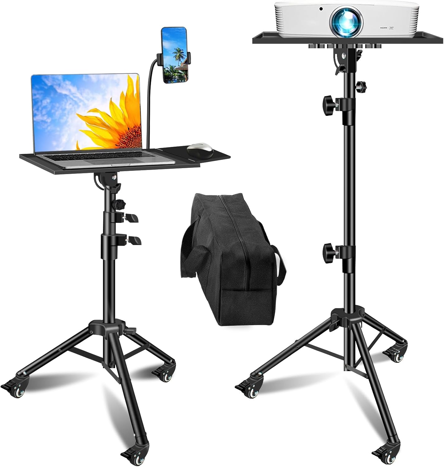 Projector Stand with Wheels, Laptop Tripod from 29" to 69" with Mouse Tray, Adjustable Height DJ Racks Stands with Gooseneck Phone Holder, for Office, Home, Stage, Studio, 1 Pack Black
