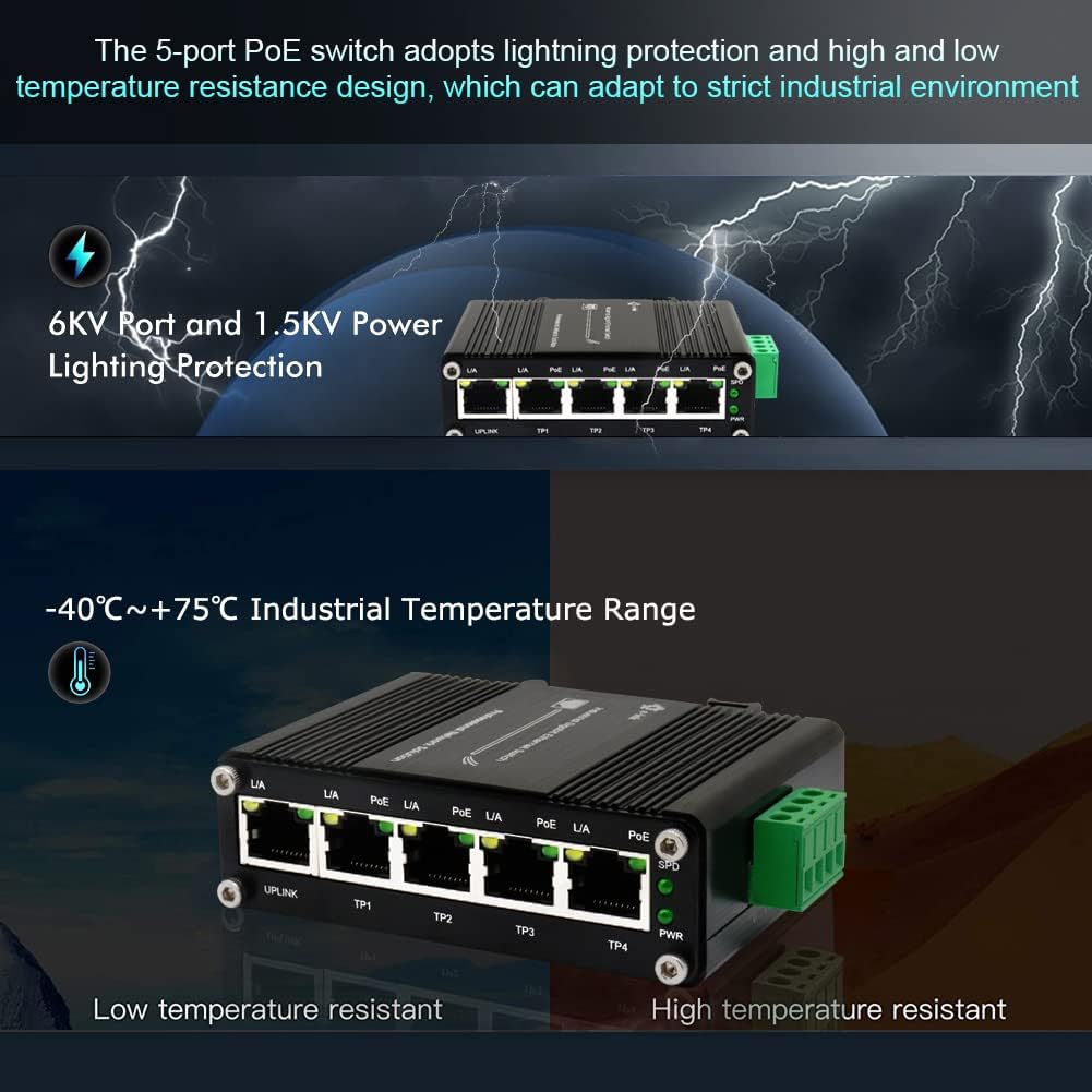 Mini Industrial 5 Ports Gigabit PoE Switch Hardened 5 Port RJ45 10/100/1000Mbps 802.3at Ethernet Switch Din Rail Mount PoE+ Switch (-40 to 167 ºF) 10Gbps Switching Capacity