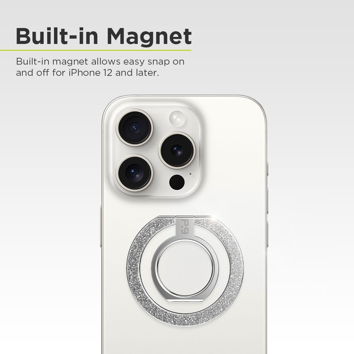 PureGear Magnetic Phone Grip Ring Stand, Magnetic Phone Ring Holder for MagSafe iPhone 16, 16 Pro, 16 Plus, 16 Pro Max, 15, 15 Plus, 14, 14 Pro, 14 Pro Max, 13, 12 Adjustable Kickstand(Silver Glitter)