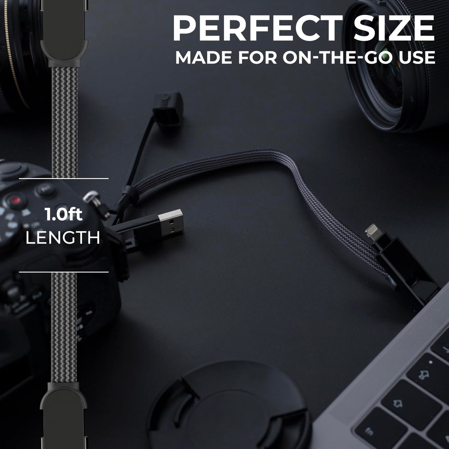 Rolling Square inCharge XL 6-in-1 Multi Charging Cable, Portable USB and USB-C Cable with 100W Ultra-Fast Charging Power, 1 Ft/0.3m, Urban Black