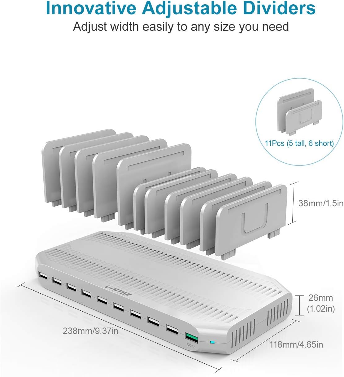 Unitek Charging Station for Multiple Devices, USB Charging Dock with Adjustable Dividers, QC 3.0 and SmartIC, iPhone, iPad, Tablet Organizer Stand-(UL Certified)
