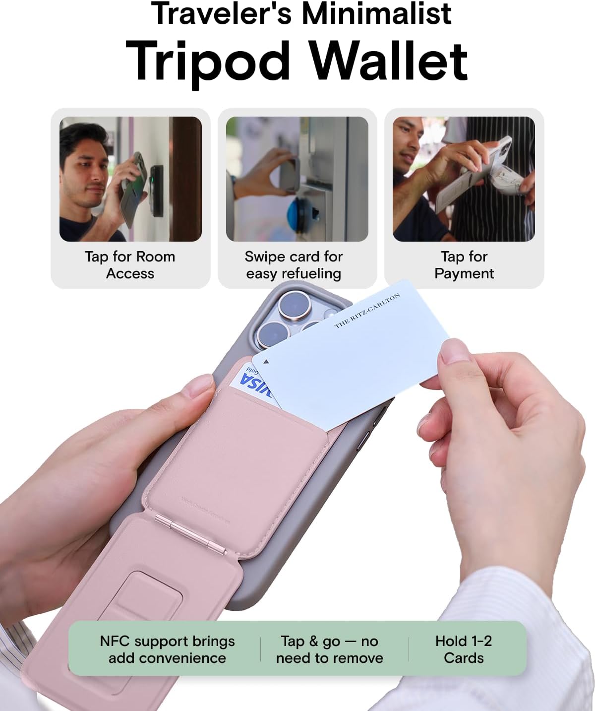 MOFT Phone Tripod Wallet for iPhone, Mulit-Angles, Lightweight & Portable Phone Stand, MOVAS Vegan Leather Magnetic Wallet, Strong Magnets, NFC Card Holder,Travel Essential, Blush (with Card Slot)