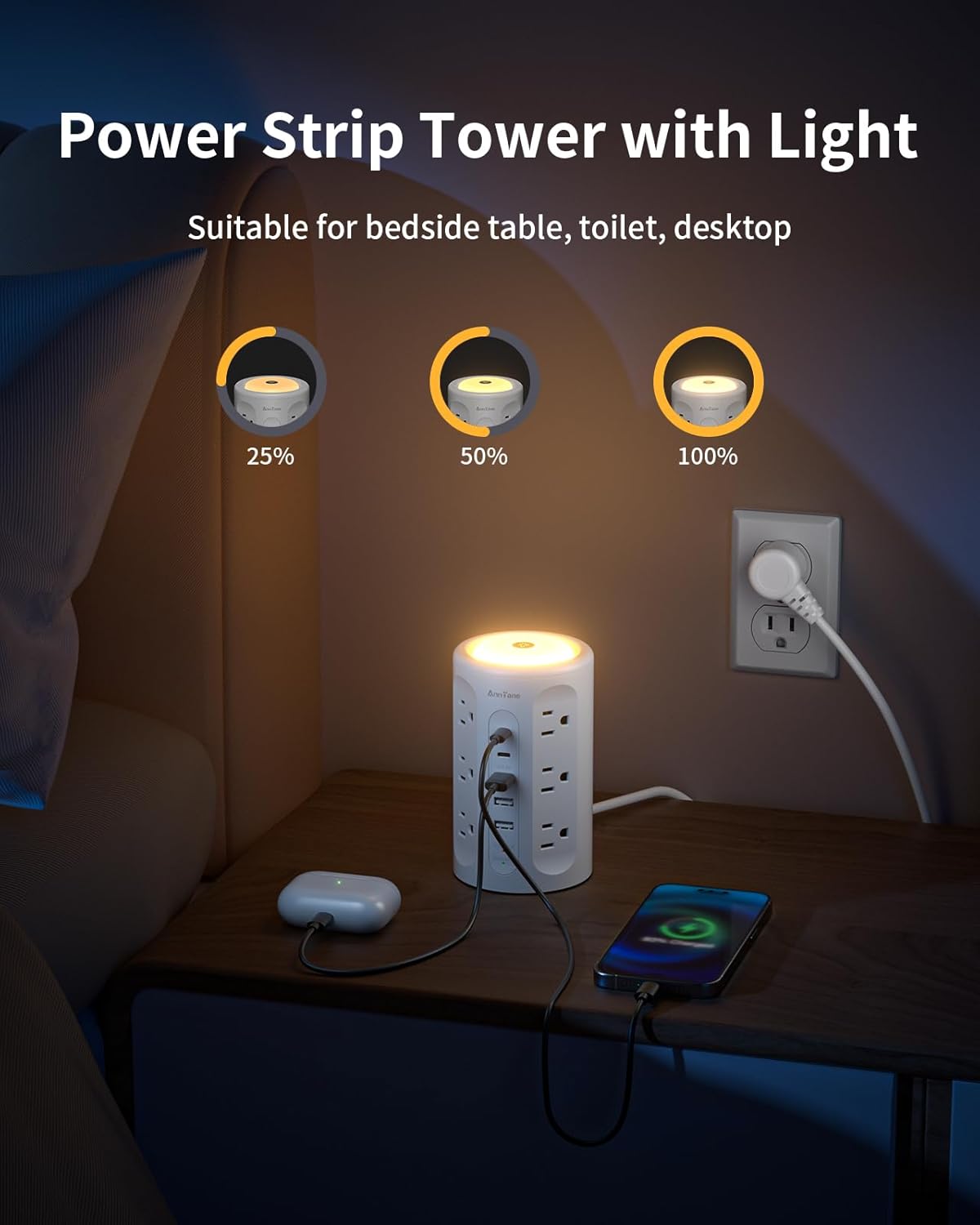 Power Strip Tower with Night Light, 15W Surge Protector Power Strip with USB Ports, 10 FT Extension Cord with Multiple Outlets (12AC+3A+2C) for Home Office Desk DormRoom (White)
