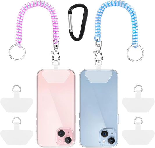 SHANSHUI Phone Tether, 2 Pcs Anti Theft Spring Phone Strap, 4 x Tether Pacthes & Carabiner Clips Universal Cellphone Lanyard for Keys Outdoor Skiing Hiking Fishing Fitting for All Smartphones