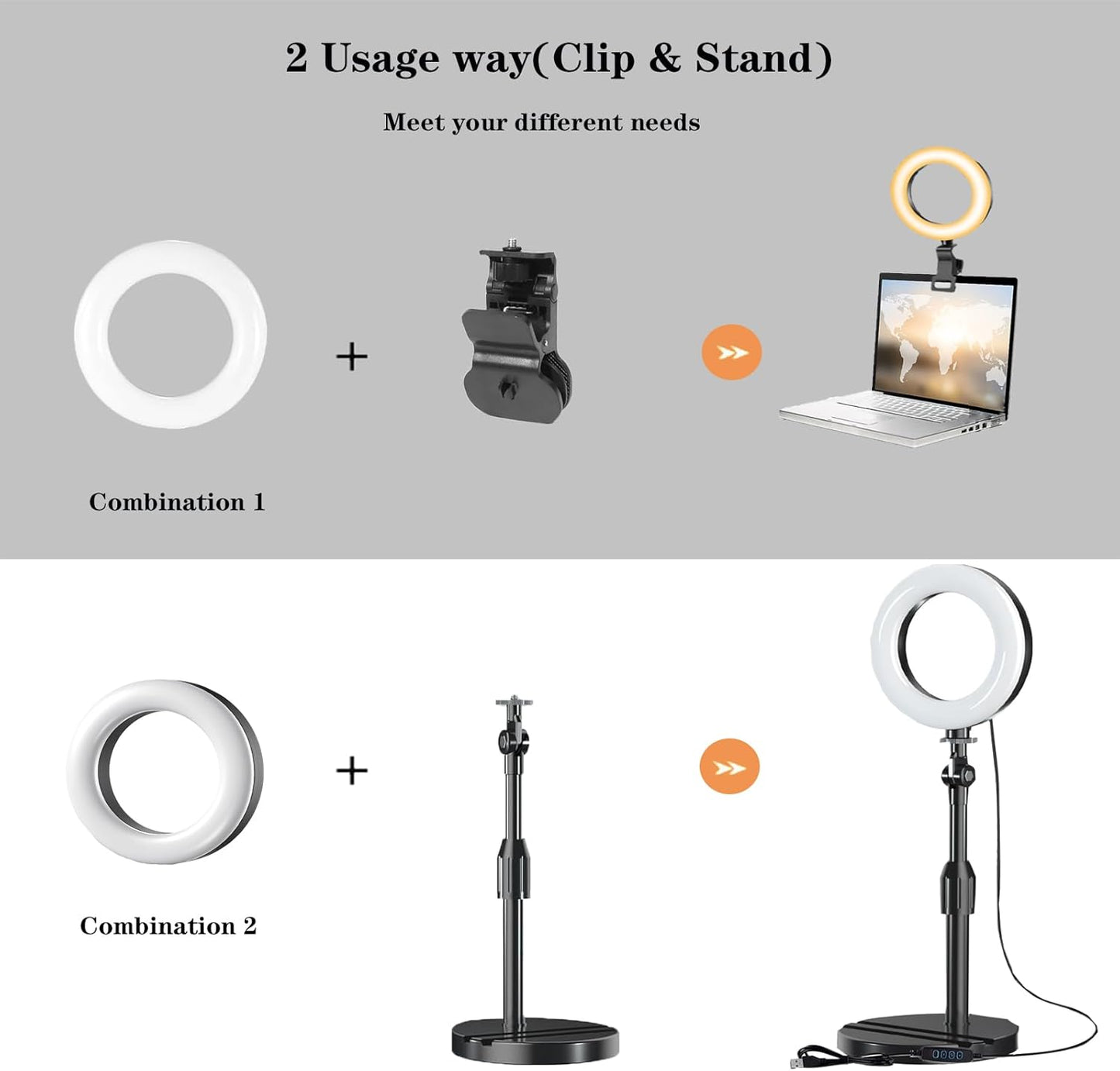 Ring Light with Stand, Desk Ring Light with Clip Upgraded 10W 3000K-6500K Travel Desktop Light for Phone Selfie Laptop Zoom Video Makeup Vlog Tiktok Live Streaming