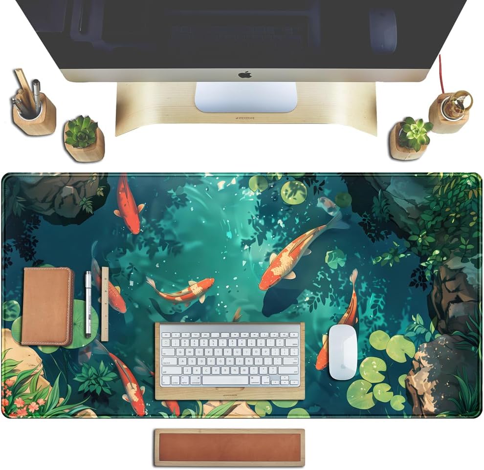 Koi Fish Desk Mat Gaming Koi Pond Desk Pad Large Cute Mouse Pad, Goldfish Mouse Mat XXL Laptop Keyboard Pad, Blue Waters Gamer Mouse Pad Full Mousepads Cool Office Accessories 31.5"x15.7"