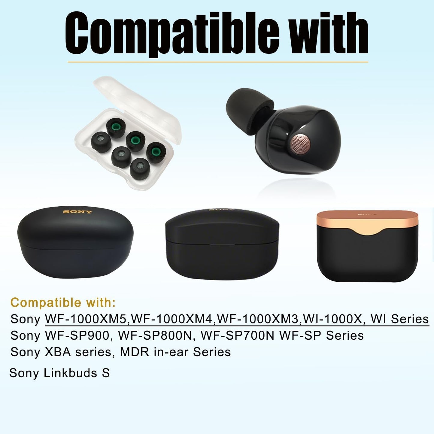 Memory Foam Ear Tips for Sony WF-1000XM5 Earbuds Tips for WF-1000XM5 WF-1000XM4 Earbuds Case, 3 Pairs Medium Black