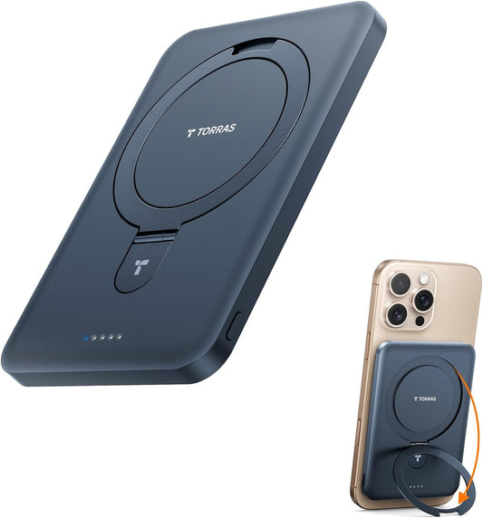 TORRAS 0.45" Slim Magnetic Portable Charger Power Bank for iPhone 5000 mAh 22.5W PD Fast Charging Wireless Battery Pack O Stand Compatible with Magsafe, i Phone 16 Pro Max, Pro,15,14,13,12, Black