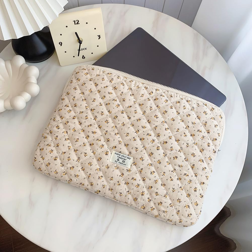 Puffy Laptop Sleeve 13-15.6 Inch Cute Quilted Laptop Protective Case Padded Floral Computer Sleeve for MacBook (A-Yellow, 15 Inch)