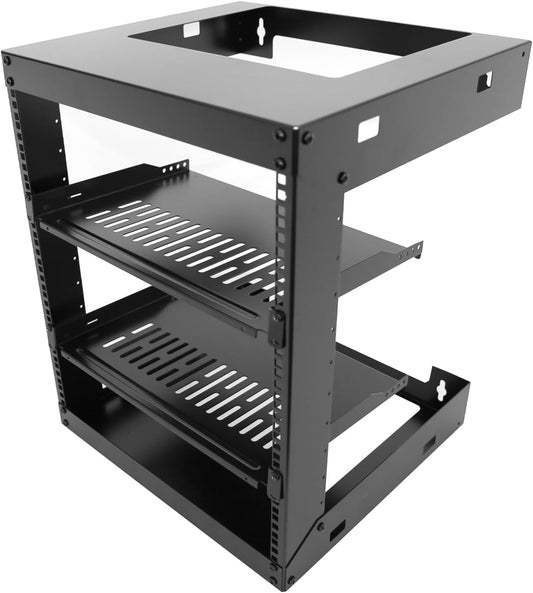 9U Wall Mount Open Frame 19 Inch Server Equipment Rack Wall Mountable Heavy Duty Design - Holds All Networking & AV Gear - Open Frame Includes 2 1U 12in Vented Shelves & Mounting screws (WALL RACK 9U)