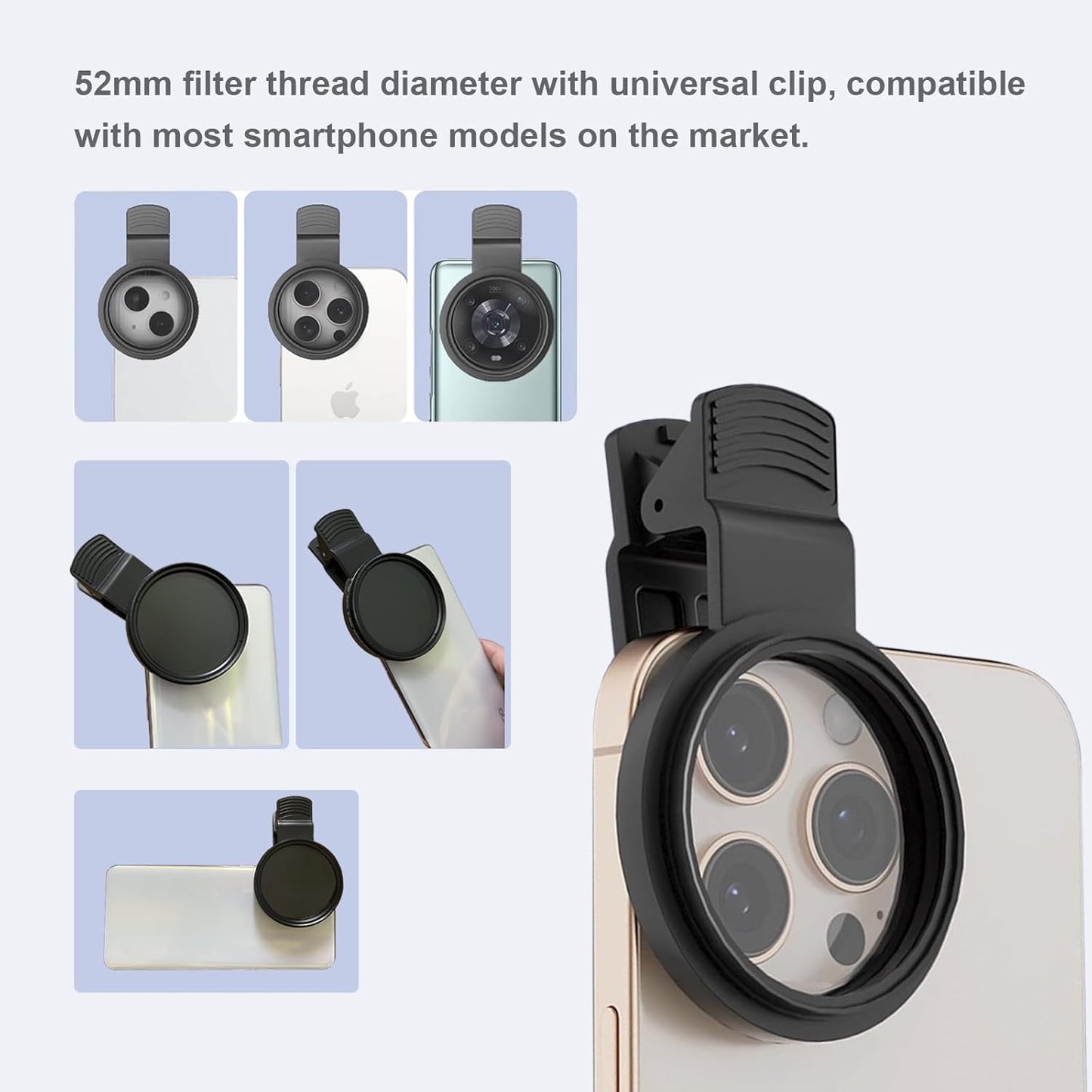52mm Clip-on ND2-400 Phone Camera Lens Filter Kit, Adjustable Neutral Density Filter Compatible for iPhone 15 14 13 12 11, Google Pixel and Other Smart Phones