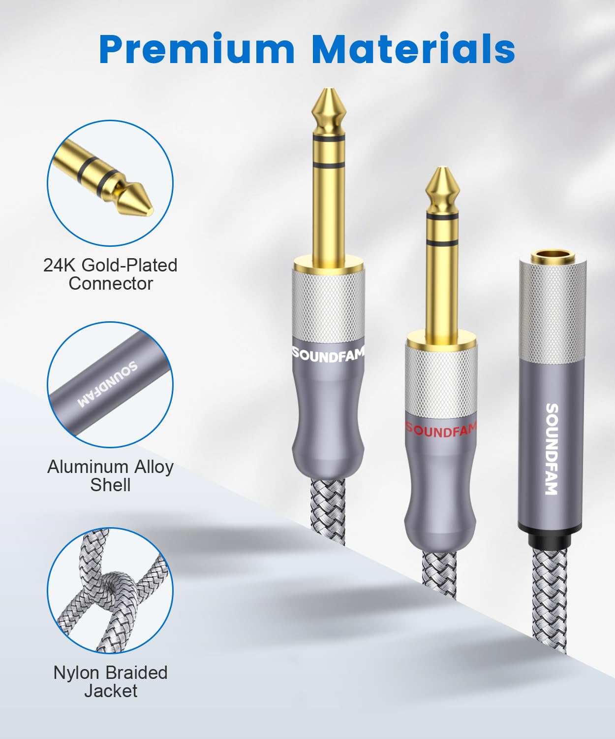 1/4" Splitter Cable 2 Feet/60CM,Microphone Splitter 1 Female to 2 Male TRS 1/4 inch Splitter 6.35mm Stereo Female Plug to Dual 6.35mm Male-Grey