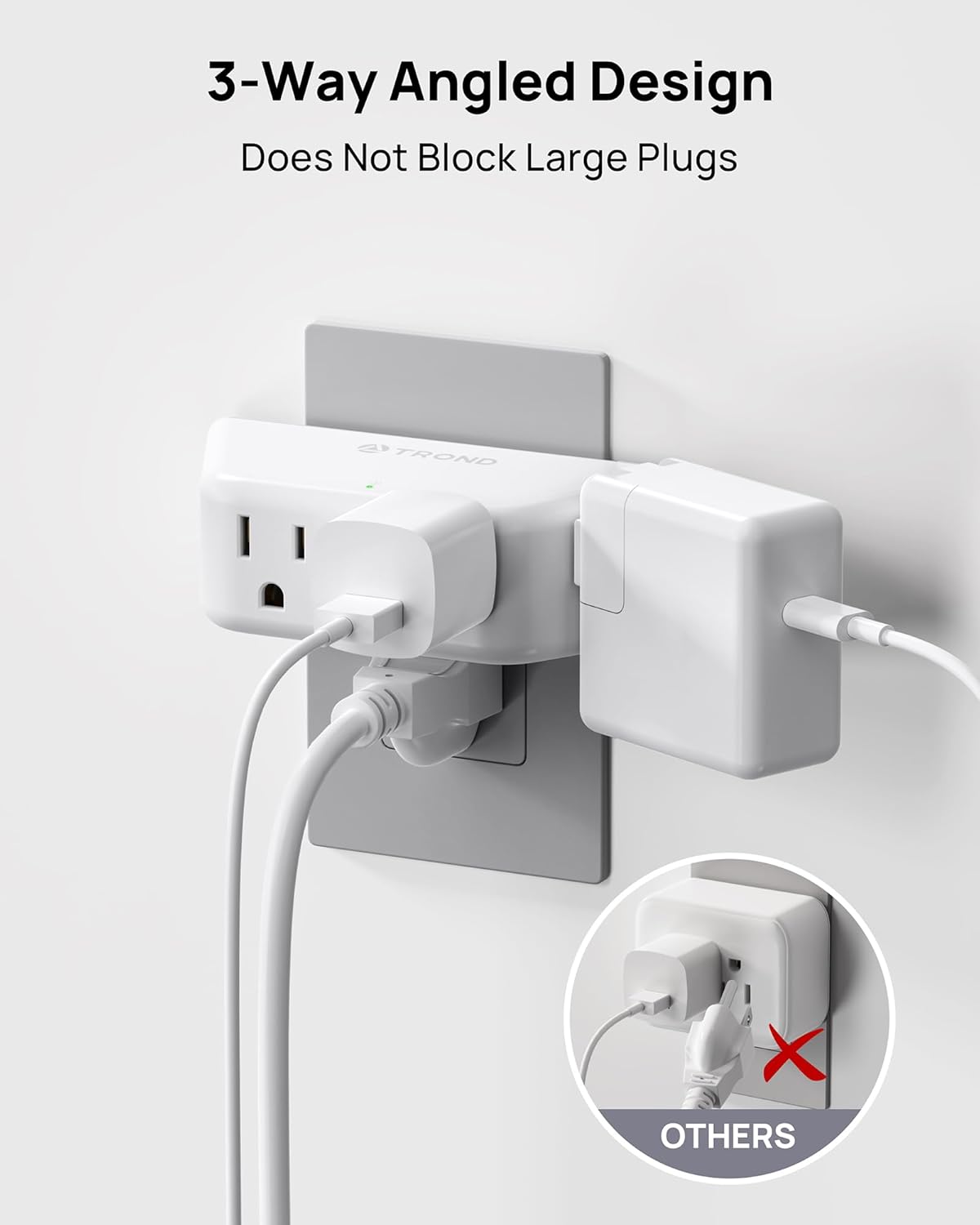 TROND Outlet Extender Surge Protector - Multi Plug Wall Outlet with 4 Grounded Sockets, 3 Way Angled Plug Adapter, 900J, Electrical Wall Splitter for Home Office Travel Dorm Room, White