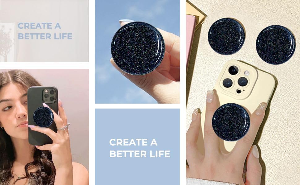 3 Pack Fashionable Clear Glitter Expandible Collapsible Moblile Phone Grip Stand Holder for Smartphones and Tablets Cell Phone Accessory-5 (Black Gradient Colorful Glitter)