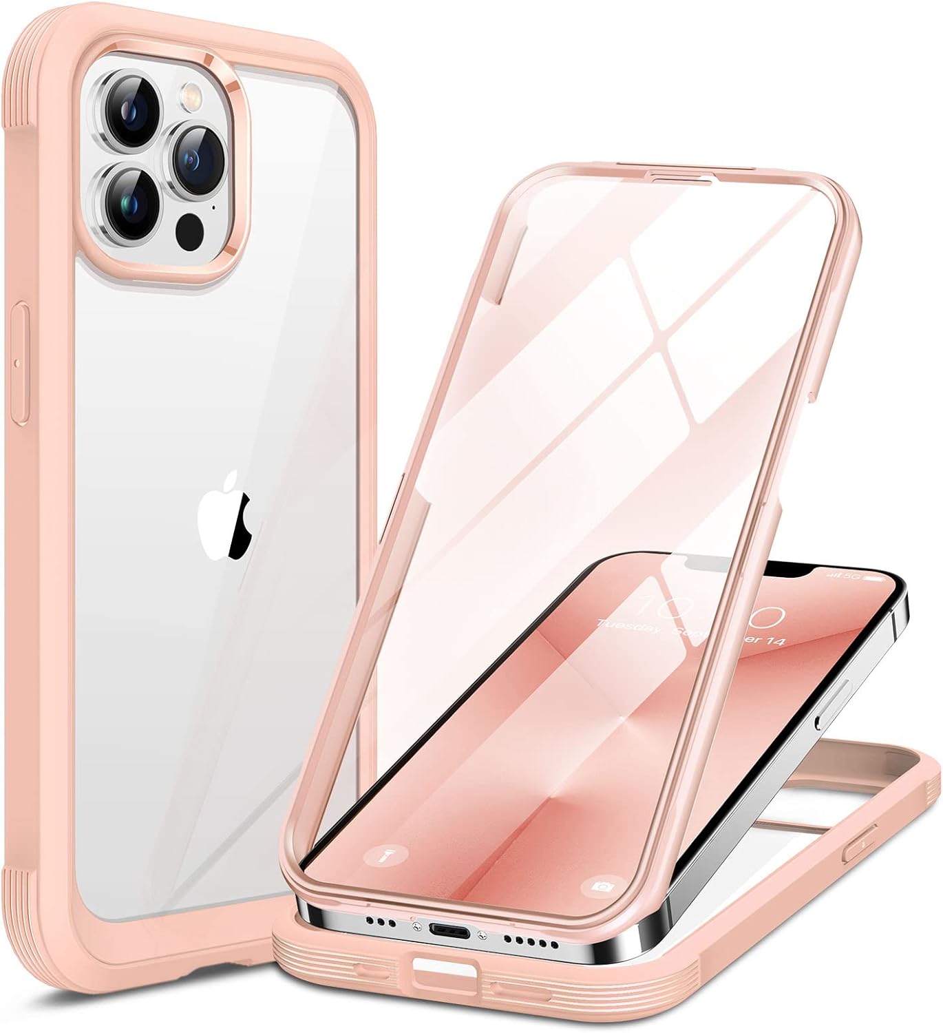Miracase Glass Case for iPhone 13 Pro Max 6.7 inch, Upgrade Full-Body Clear Bumper Case with Built-in 9H Tempered Glass Screen Protector for iPhone 13 Pro Max, Pink