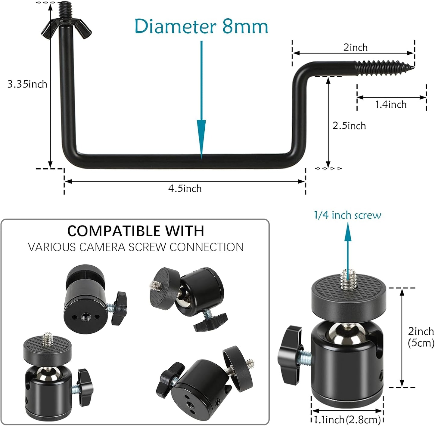Trail Camera Mount, 4 Pcs Trail Camera Holder with 1/4 in Screw,Hunting Accessories,360° Adjustable Tree Screw Mounting Bracket for Game Cameras, Solar Panels, etc, Easy to Install & Heavy Duty