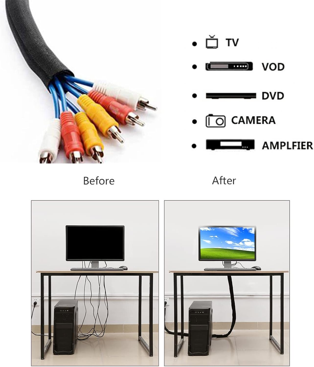 Black Braided Cable Management Sleeves Wire Loom Tubing Cord Protector Self-Wrapping (1/4"-30Feet)