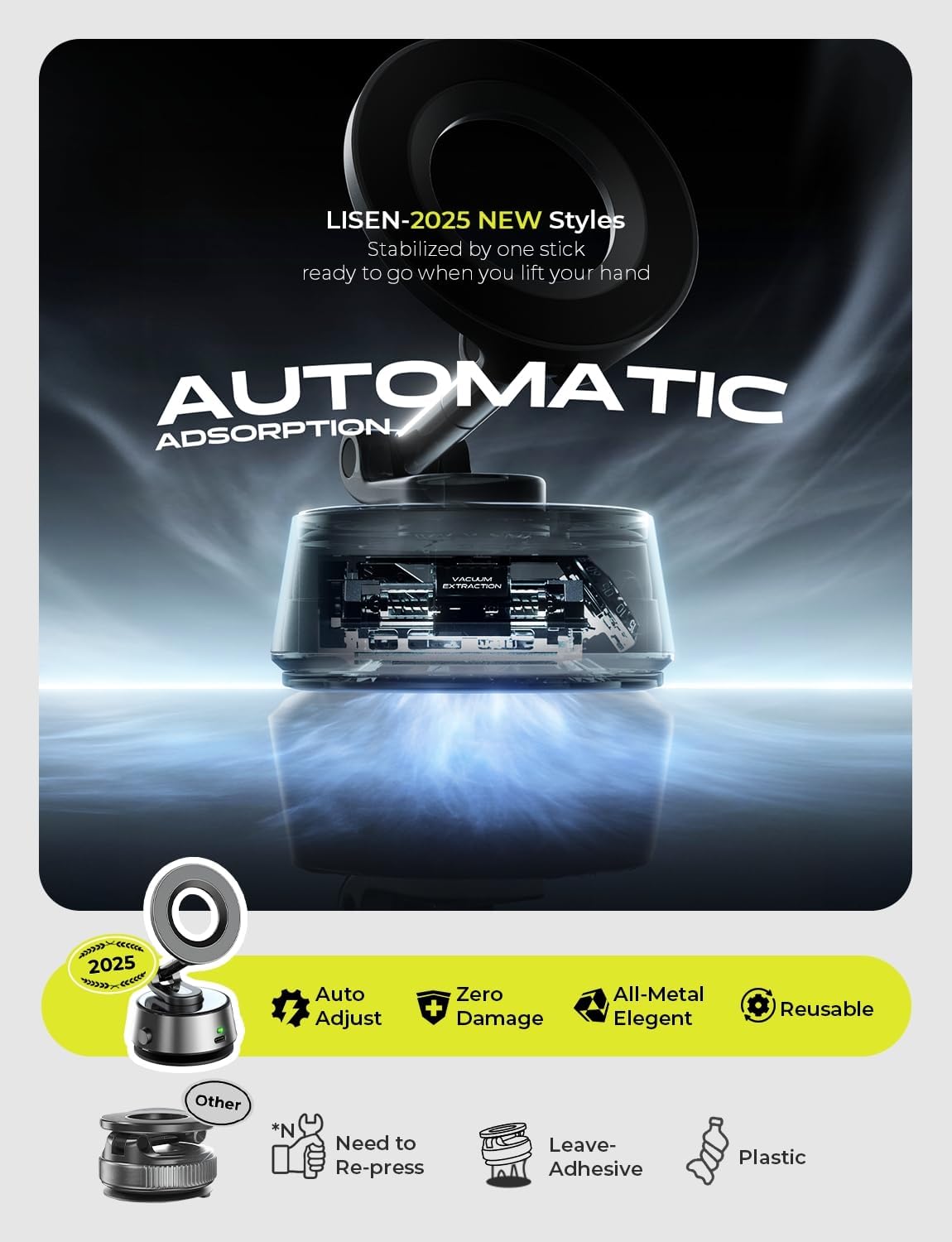 LISEN Electric Retractable Car Phone Mount, Content Creator MagSafe Suction Cup Phone Mount Vacuum Magnetic Phone Holder fit Vlogging Video Recording Windshield for 17 iPhone 16e 16 15 14 13 12