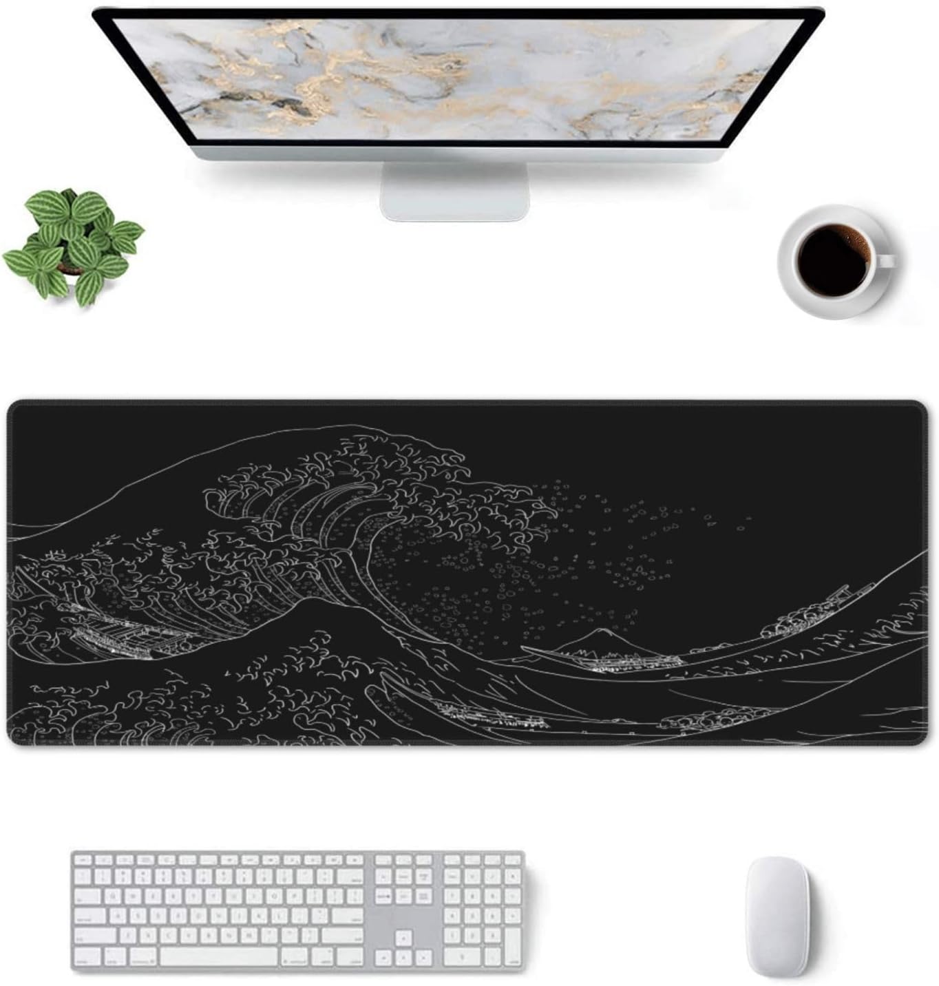 Japanese Sea Wave Large Mouse Pad, Anime Black Gaming, Extended Kanagawa Mat Desk Pad, 3mm Thick Long Non-Slip Rubber Base Mice Pad, 31.5 X 11.8 Inch