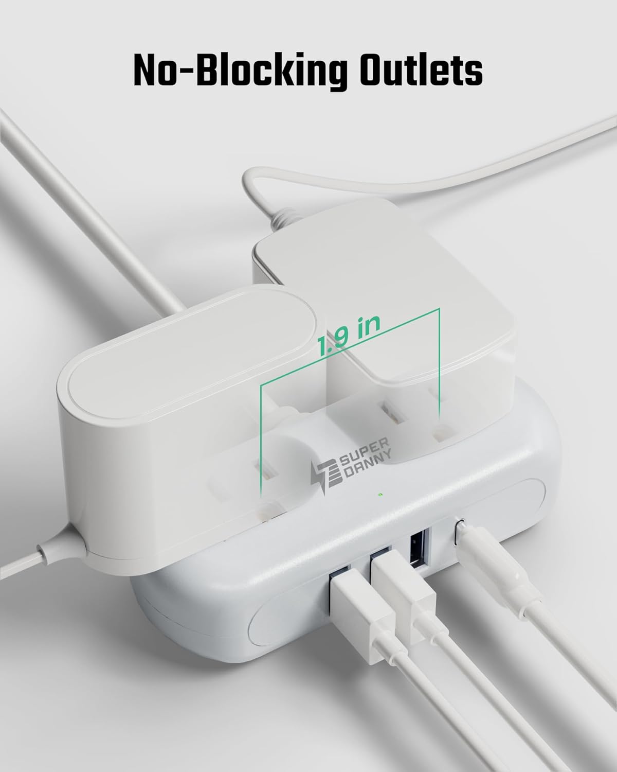 Power Strip with USB, SUPERDANNY Mini Surge Protector with 2 Wide-Spaced Outlets, 3 USB-A 1 USB-C, 5 Ft Extension Cord, Flat Plug, Compact Size Desktop Charging Station Travel, Home, Office, White