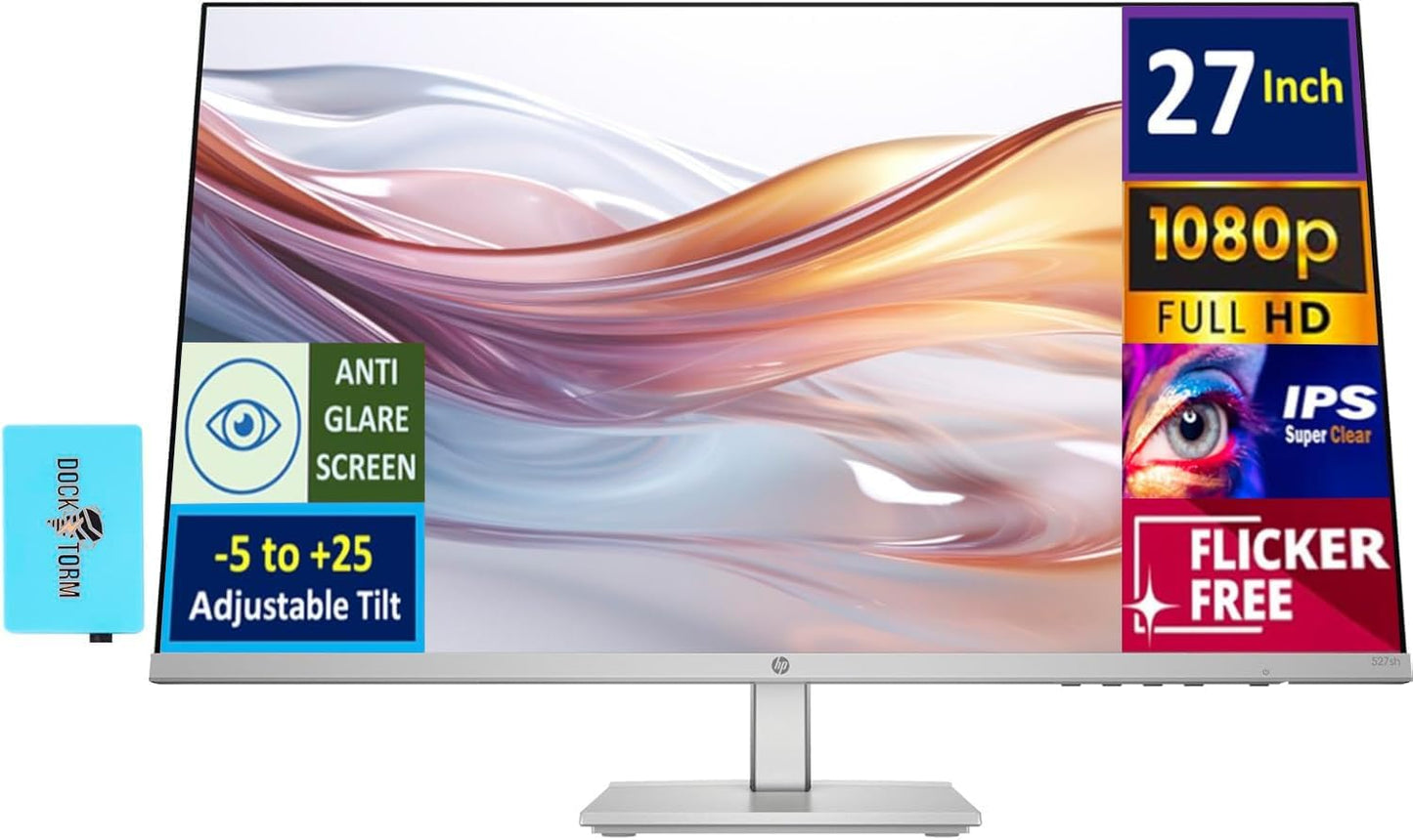 HP Series 5 527sh Monitor (Replaces M27h) 27" 100Hz IPS FHD (1920x1080) 99% sRGB Display, Adjustable Height & Tilt, Flicker Free, Anti-Glare, Black/Silver w/DKZ USB Port Expander