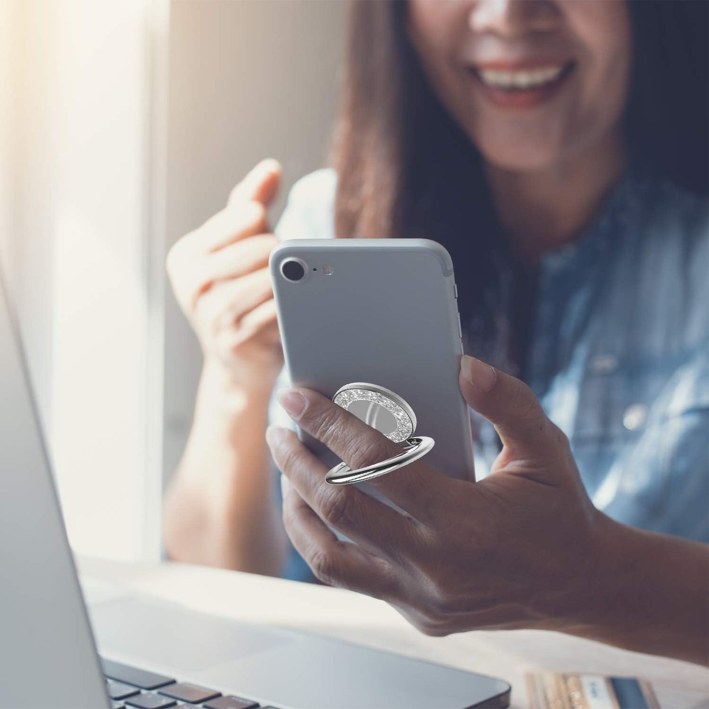 Cell Phone Ring Holder Stand, Cell Phone Grip Holder, Adhesive Phone Grip for Phones and Cases. (Glitter Silver)