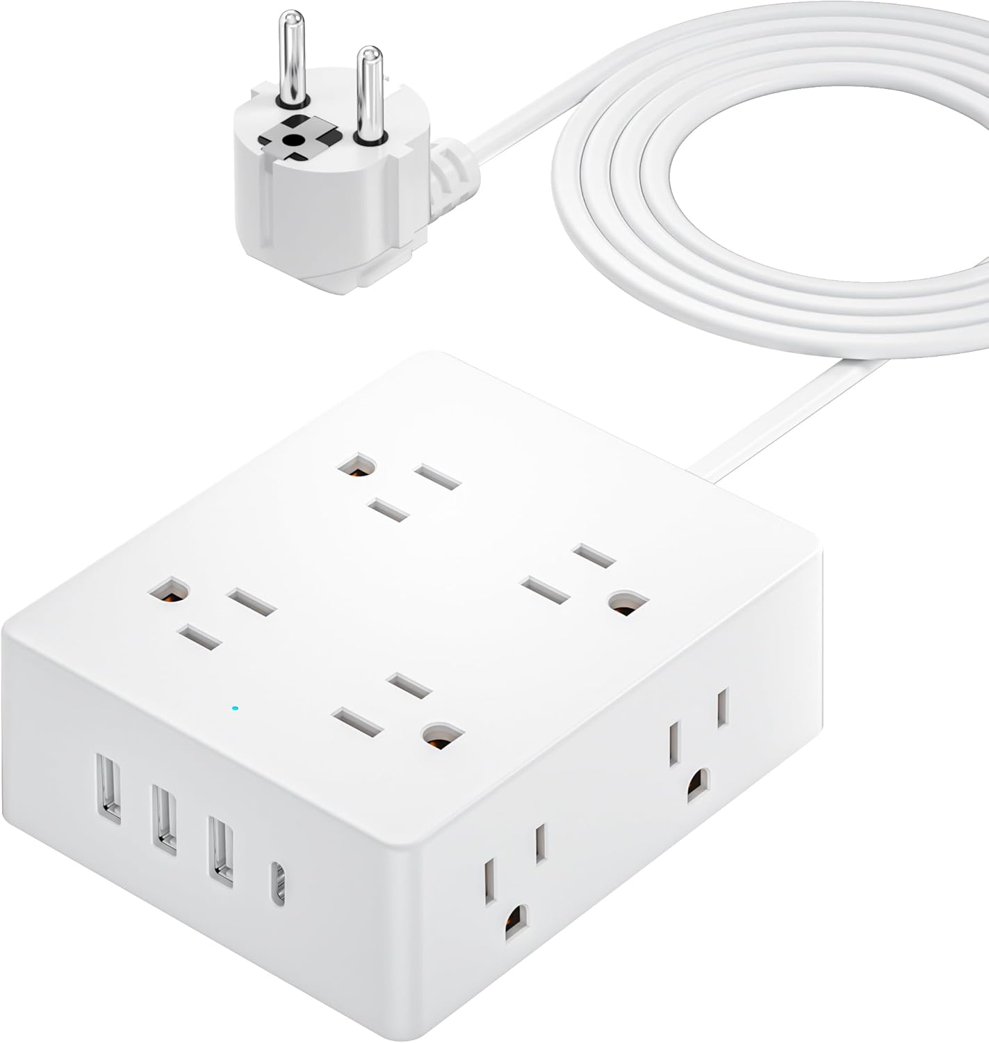 European Travel Plug Adapter, Olcorife US to Europe Type E/F Plug Adapter, International Power Strip with 8 Outlets and 4 USB(1 USB-C), 5 FT Cord for Germany France Iceland Spain