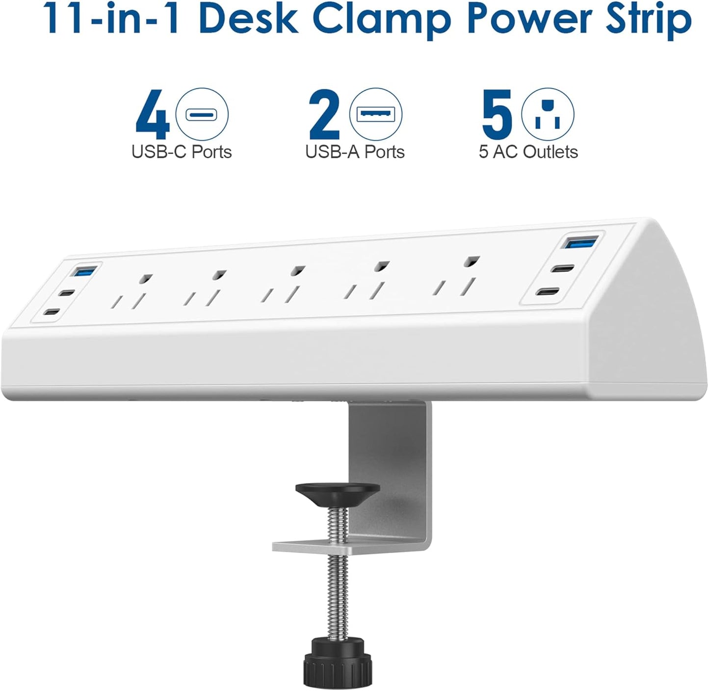 Desk Clamp Power Strip USB C,Under Desk Mount Power Station,20W Fast Charging,Fits 1.9'' Tabletop Edge,Desk Surge Protector,Perfect Home,Office Supplies (White, 5 Outlets & 6 USB Ports & 25 FT Cable)
