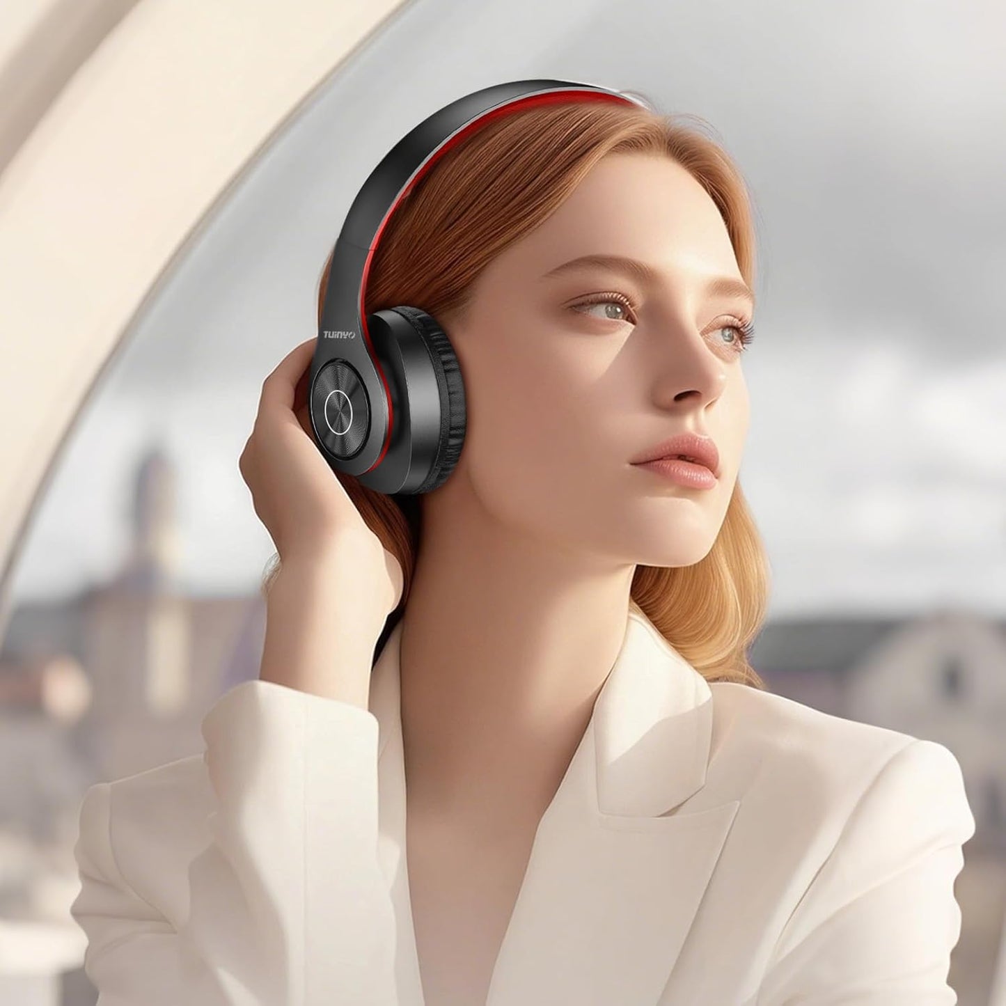 TUINYO Bluetooth Headphones, Over Ear Stereo Wireless Headset 40H Playtime with Deep Bass,Soft Memory-Protein Earmuffs,Built-in Mic Wired Mode PC/Cell Phones-Black red