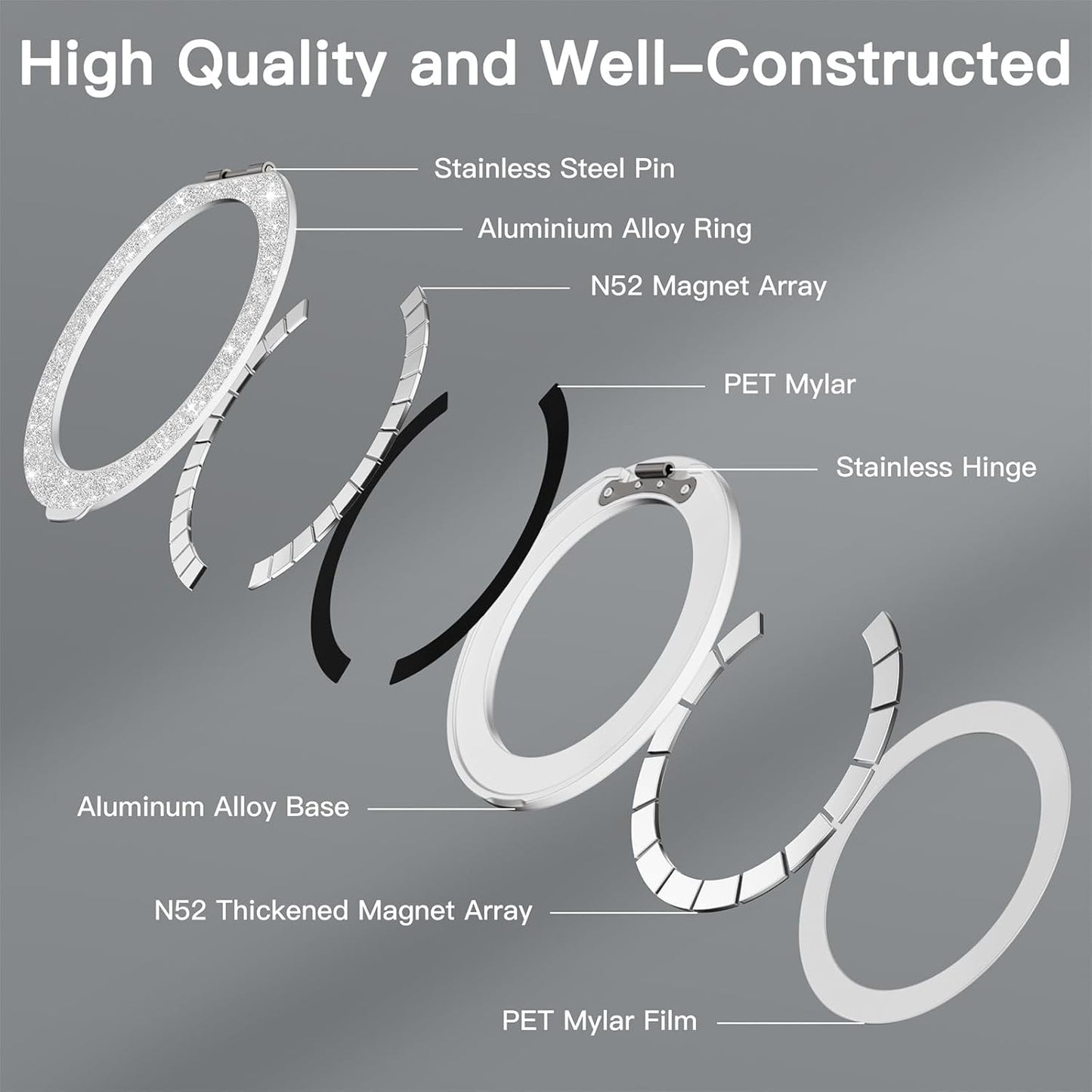 COOLQO Upgraded Magnetic Phone Ring Holder Stand, Super Magnet Cell Phone Grip Finger Kickstand Compatible with MagSafe Mag Safe Accessory for iPhone All Smartphones (1-Glitter Silver)