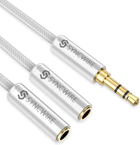 SYNCWIRE Headphone Splitter, Nylon-Braided 3.5mm Extension Cable Audio Stereo Y Splitter (Hi-Fi Sound), 3.5mm Male to 2 Ports 3.5mm Female Headset Splitter for Apple, Samsung & More (No Mic) - Silver
