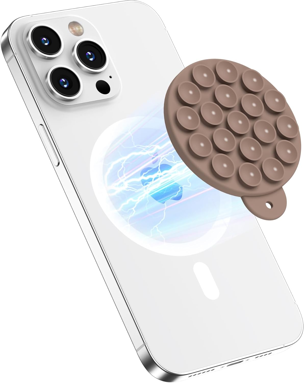 Magnetic Suction Cup Phone Mount for MagSafe Case, Silicone Hands-Free Phone Grip Holder for iPhone and Android, Mirror Shower Phone Stand for Makeup FaceTime Gym Kitchen Bathroom, Light Brown