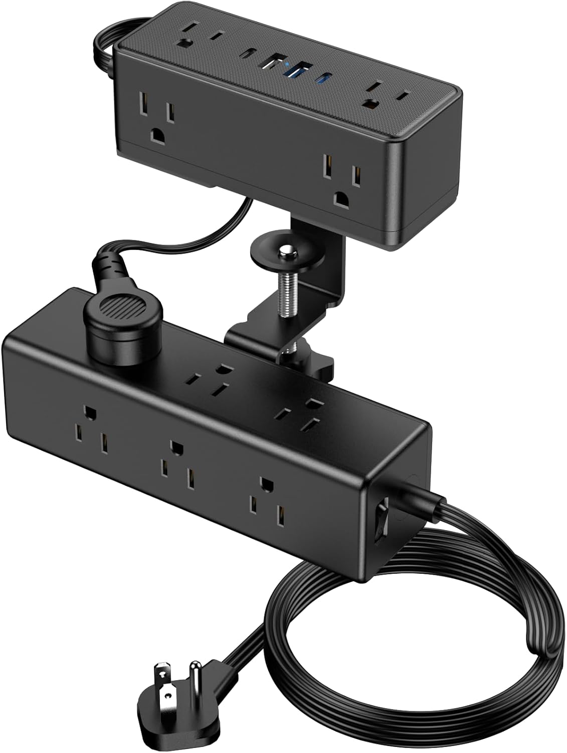 Dual Layer Desk Clamp Power Strip, 19 in 1 Desktop Edge Mount Surge Protector with 4 USB Ports(2 USB-C) & 15 AC Outlets, Ultra Thin Flat Plug & 15FT Power Cord for Office Home(ETL Listed)