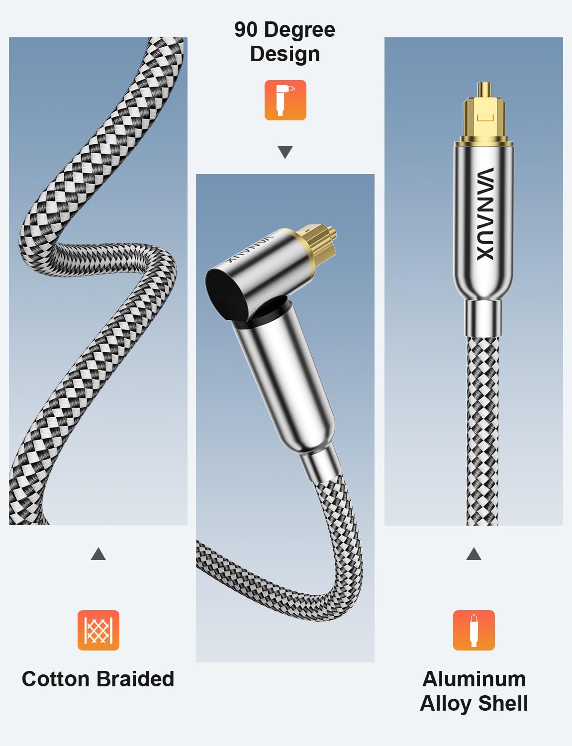 VANAUX 90-Degree Optical Audio Cable 15FT,Premium Fiber Optic Toslink Cable(24K Gold-Plated Connectors,Aluminum Alloy Shell,Braided Jacket)Ideal for Tight Spaces,Home Theater,Soundbars,Gaming Consoles