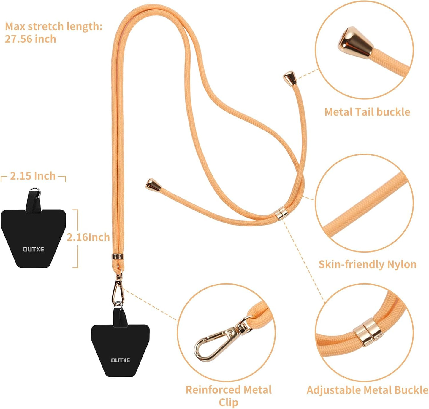 OUTXE Universal Phone Lanyard 2 Packs - 2× Adjustable Neck Strap, 4× Phone Patches- Apricot Elegance
