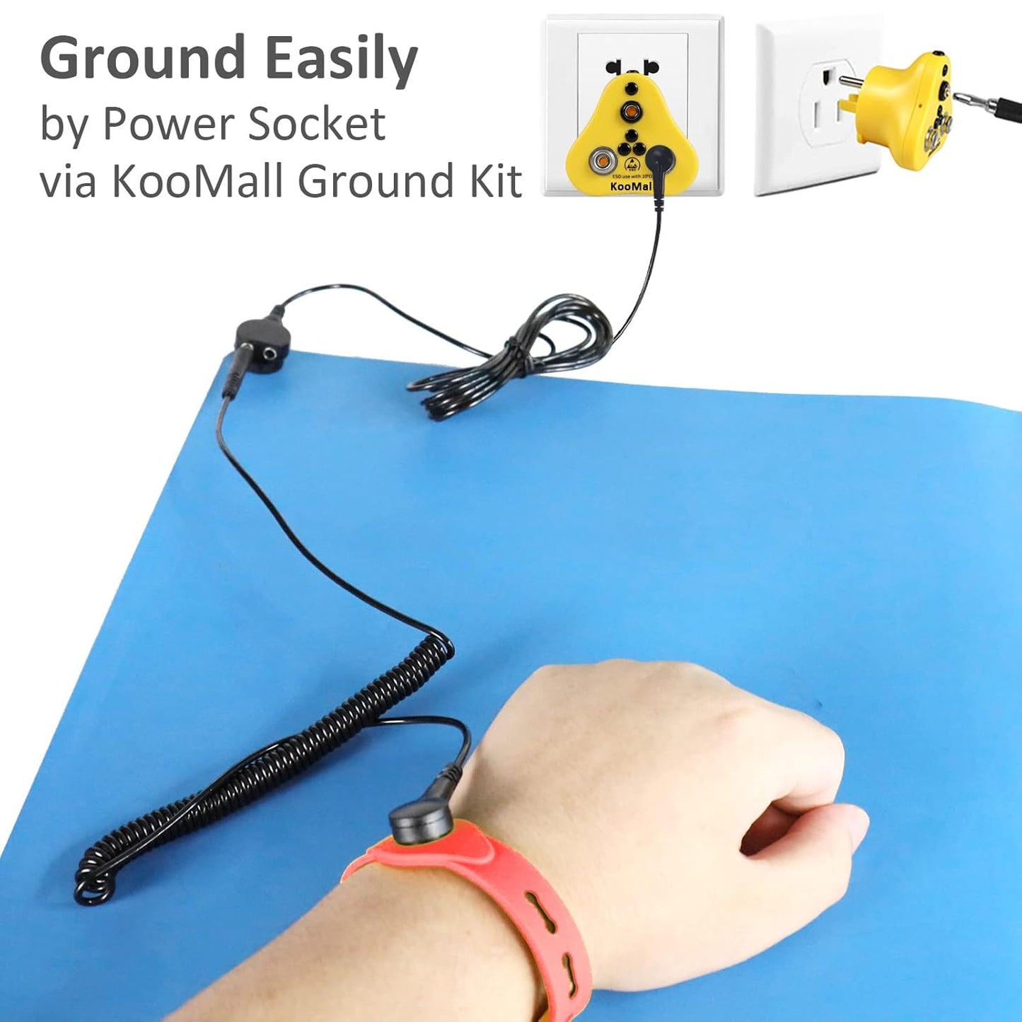 KooMall 24 x 16 Inch ESD Rubber Mat Kits, Anti Static Table Floor Pad for Electronic Device Repair Solder Assembly PC Building, W/H Grounding Kit- Antistatic Wrist Straps Bracelets Cord Plugs, Blue