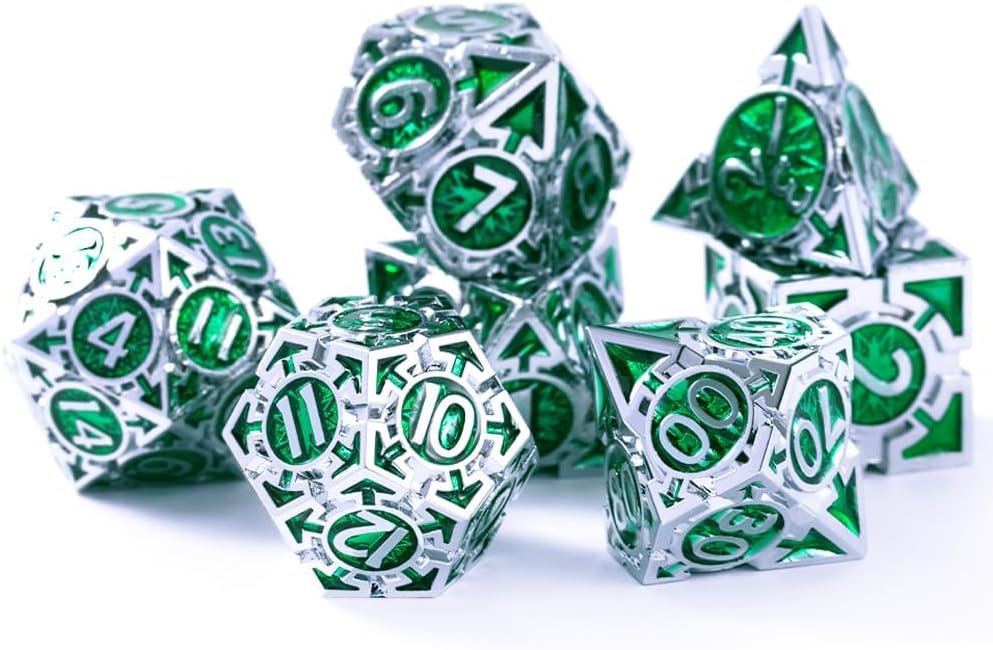 RULE DICE DND Metal Dice Set， D&D Dungeons and Dragons Dice, Cool Large Weighted 7 die Green Metal DND Dice Set, RPG MTG Role Playing Polyhedral Dice Set with D & D Gifts Box, D and D Dice Set